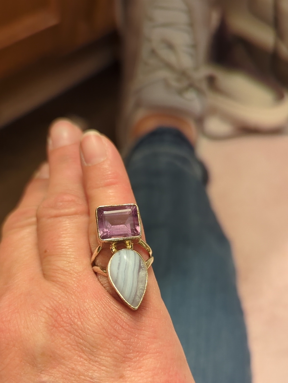 Sterling Silver Tone Ring with Purple Amethyst and Gray-Blue Banded Agate